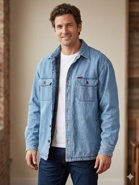 Wolverine Mens Light Wash Denim Fleece Lined Shirt Jacket Blue Plaid XL